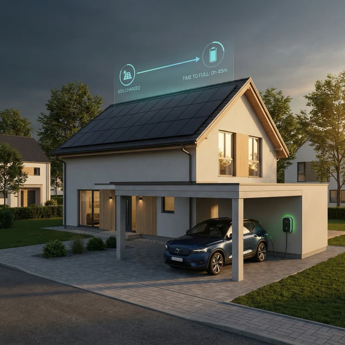 House with solar panels and EV charger under carport