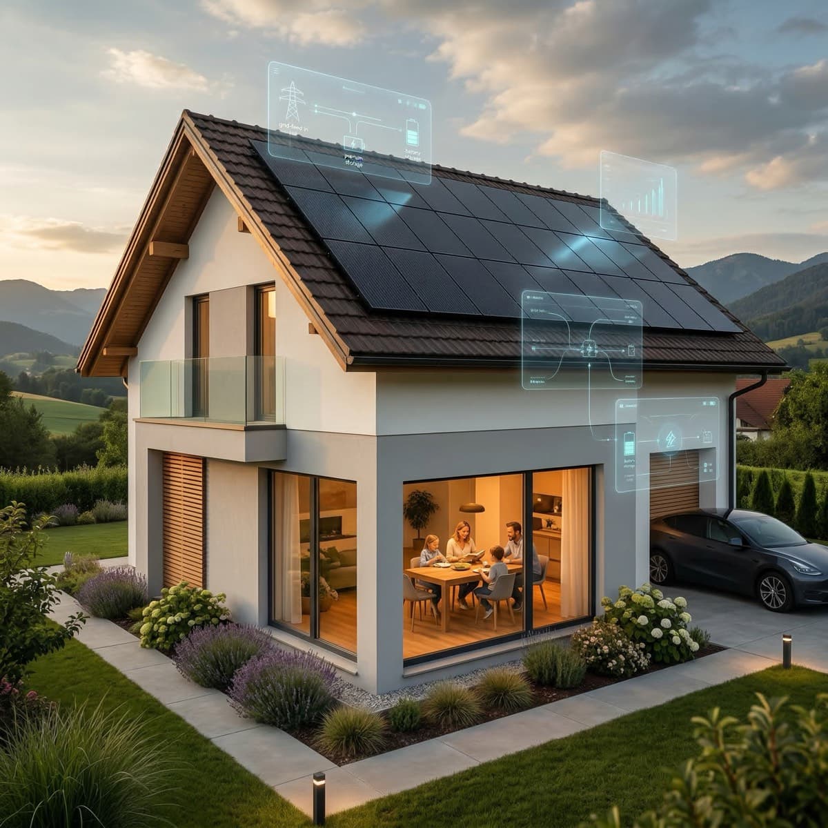 Modern family home with rooftop solar panels